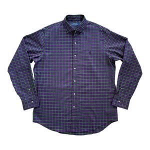 Vtg Y2K Polo Ralph Lauren Purple Green Plaid Cotton Long Sleeve Button Shirt L